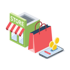 Store, shopping bag, smartphone payment, coins money. Vector 3d symbol, isometric, color web icons, new flat style. Creative design idea, concept for infographics.