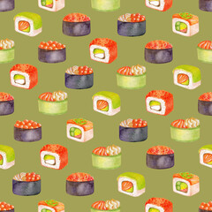 Seamless pattern with sushi drawn by watercolor on a green background. Pattern with different types of nigiri sushi. Illustration with delicious Japanese food.