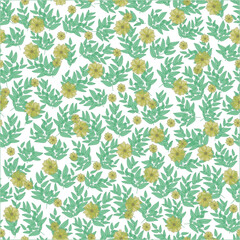 Floral pattern. Pretty yellow flowers, green leaves on white background. Printing with small flowers and branches. Vintage flowers pattern. Simple floral background for fabric, wrapping and scrapbook.