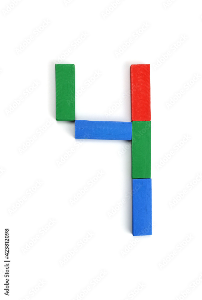 Poster number four made of colorful constructor blocks bricks isolated on white background