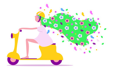 Vector graphics - a cute girl in a light dress and helmet with flowing green hair like grass and colorful flowers with butterflies riding on a bright yellow scooter isolated. Concert - Hello summer