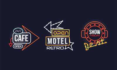 Obraz premium Colorful Glowing Neon Signboards and Retro Street Banners Vector Set