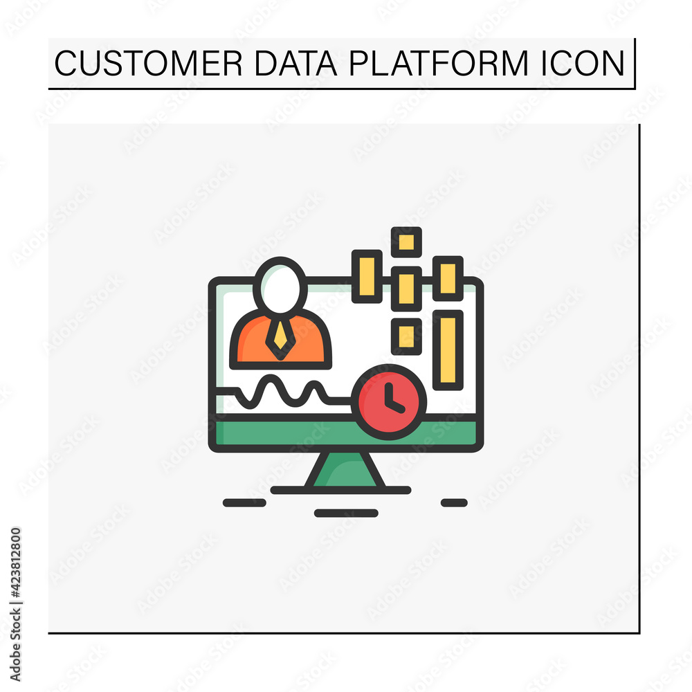 Poster real-time customer data color icon. concentrates on real-time data captured from clients. customer d