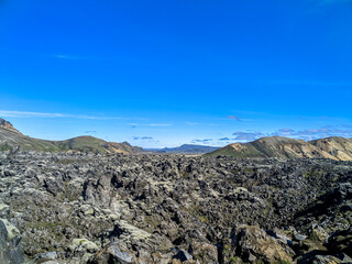 Cold lava stream landscape in Landmannalaugar, Fjallabak Nature Reserve, Iceland, Europe