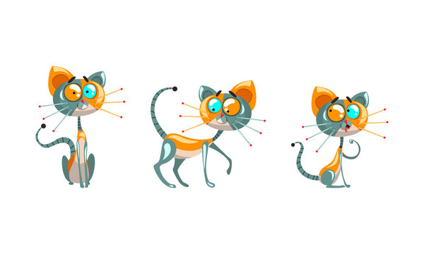 Cute Robotic Cat with Metal Tail and Whiskers Sitting and Walking Vector Set