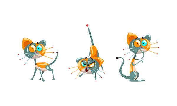 Cute Robotic Cat with Metal Tail and Whiskers Fuffing and Sitting Vector Set