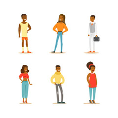 African American People Set. Cheerful Men and Women Characters Dressed Office Style Smart Suit and Casual Clothes Cartoon Vector Illustration