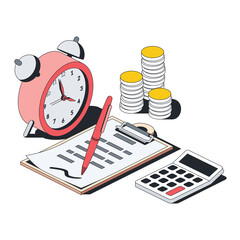 Time is money, contract document, calculation. Vector 3d line isometric, color web icons, new flat style. Creative design idea for infographics.