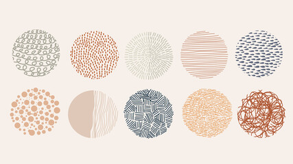 Set of round Abstract colorful Hand drawn various shapes and doodle objects. Spots, drops, curves, Lines. Contemporary modern trendy vector. Posters, Social media Icons templates