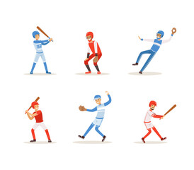 Fototapeta na wymiar Baseball Players Set, Cheerful Softball Athletes Characters in Uniform In Different Poses Cartoon Vector Illustration