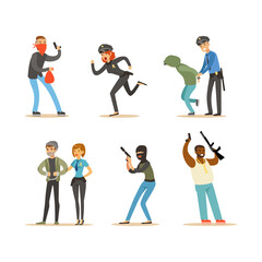 Set of Police Officers and Robbers, Criminals Running away from Policeman, Police Officer Arrested Thief Cartoon Vector Illustration