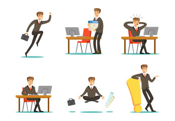 Businessman Working in Office Set, Busy Boss or Office Employee at Work Cartoon Vector Illustration