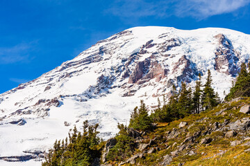 Detail of the volcanic peak of Mount Rainier in the Pacific Northwest of the United States
