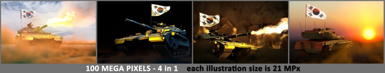 Fototapeta na wymiar Republic of Korea (South Korea) army concept - 4 high resolution images of tank with fictive design with Republic of Korea (South Korea) flag and free place for your text, military 3D Illustration