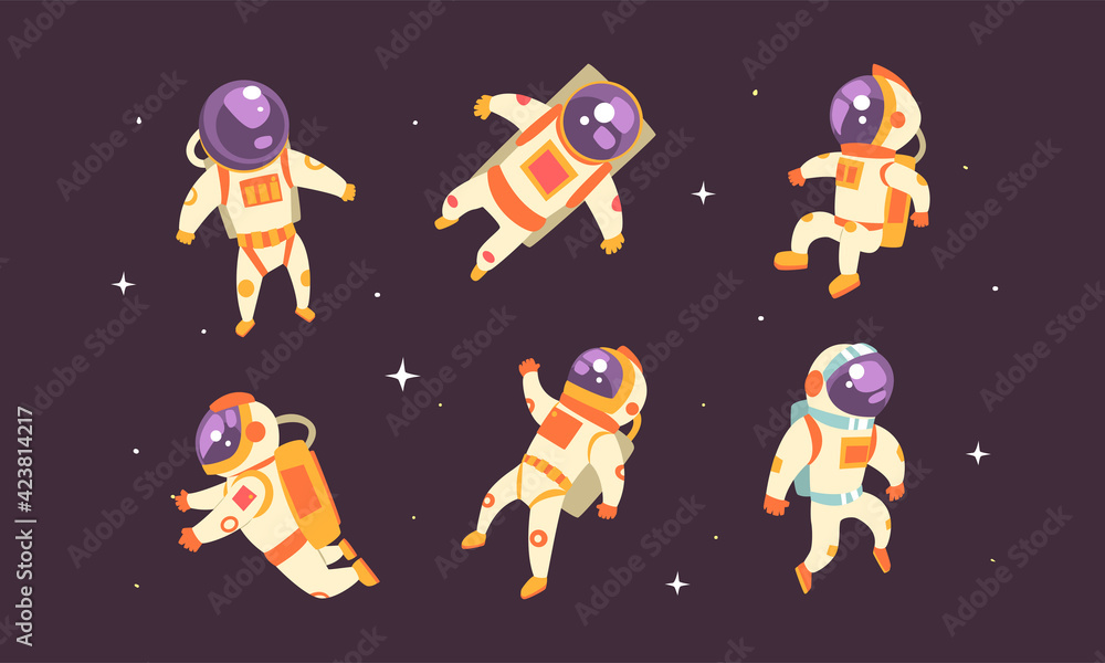 Poster astronauts in spacesuits floating in outer space set, spaceman performing extravehicular activity on
