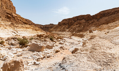 Fototapeta na wymiar the Nahal Nekarot stream exits the south rim of the Makhtesh Ramon crater in Israel through the Nekarot Gap with a pale blue sky in the background