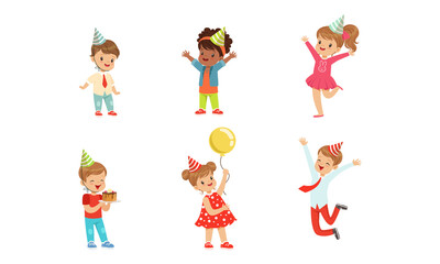 Happy Kids Celebrating Birthday Set, Cute Adorable Little Boys and Girls Wearing Party Hats Having Fun Cartoon Vector Illustration