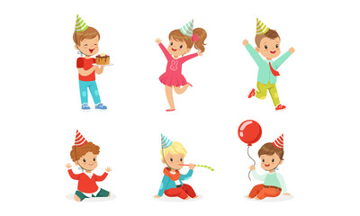 Happy Kids Celebrating Birthday Set, Cute Adorable Little Boys and Girls Having Fun at Party Cartoon Vector Illustration