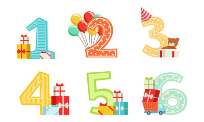 Cute Anniversary Numbers with Gift Boxes and Colorful Balloons Set, Kids Birthday Party Design Elements Cartoon Vector Illustration