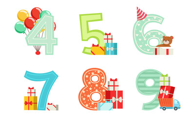 Anniversary Numbers with Gift Boxes and Inflatable Balloons Set, Kids Birthday Party Design Elements Cartoon Vector Illustration
