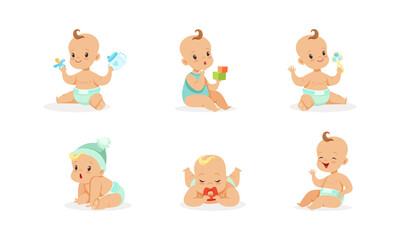 Infant Baby Different Activities Set, Adorable Baby Boys and Girls Playing Toys, First Year Games and Development Cartoon Vector Illustration