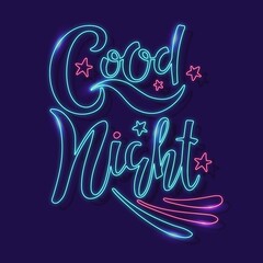 Neon Good night text with stars. Handwritten calligraphy vector illustration. Modern brush calligraphy. T-shirt handwritten calligraphic design. Inspiring vector typography. Card, flayer, banner desig