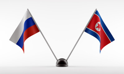 Stand with two national flags. Flags of Russia and North Korea. Isolated on a white background. 3d rendering illustration.