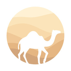 Arabian Logo Camel in desert dunes on beige color gold sand under hot sun in circle wavy pattern background.Design template icon,badge, pictogram,symbol,tourism sign,travel,hot places.Vector isolated