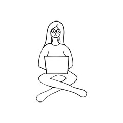 Hand drawn girl character working on laptop. Doodle woman character working on laptop. Doodle woman working on laptop. Freelancer doodle concept