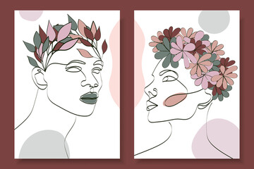 A man's face drawn with a line on a white background with branches on his head. Woman's face, drawn with a line on a white background with flowers on her head. Isolated profile with abstract figures. 