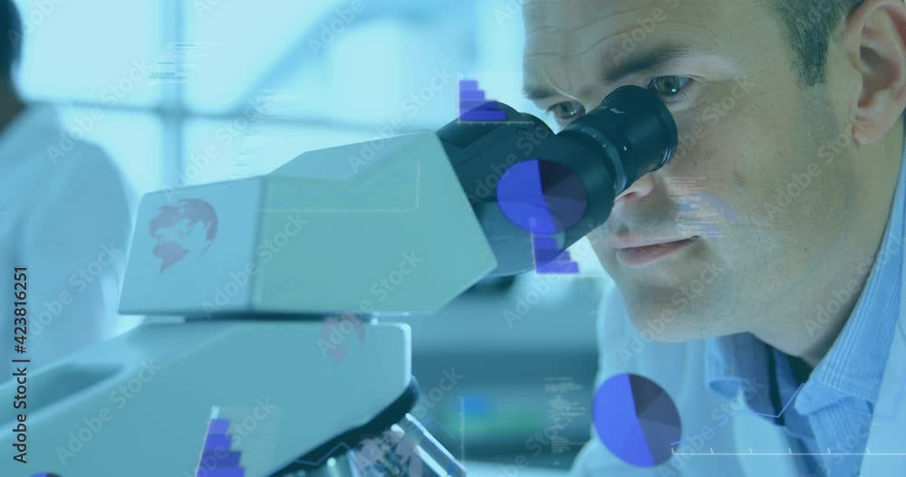 Poster animation of statistics recording and data processing over scientist working in laboratory