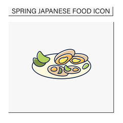  Asari clams color icon.Fried in butter clams on plate. Traditional dish.Spring Japanese food concept. Isolated vector illustration
