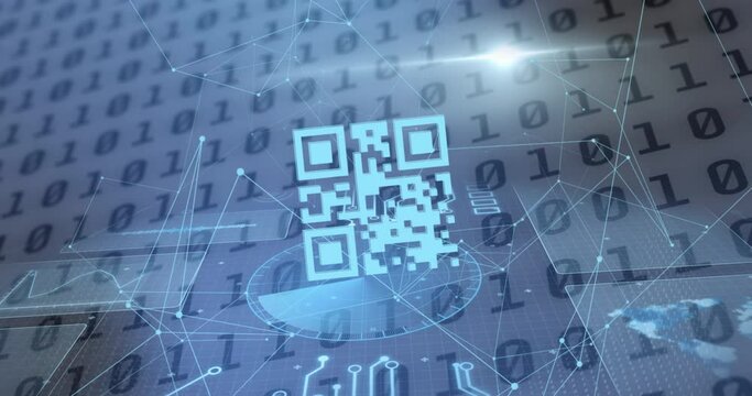 Animation of qr code and data processing over binary coding in background - Powered by Adobe