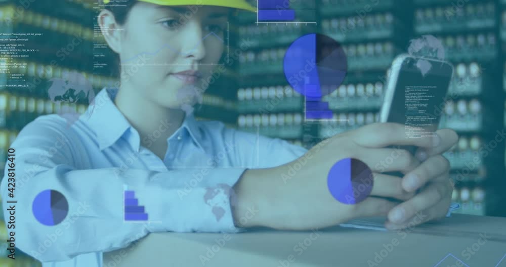 Poster animation of statistics recording and data processing over woman using smartphone