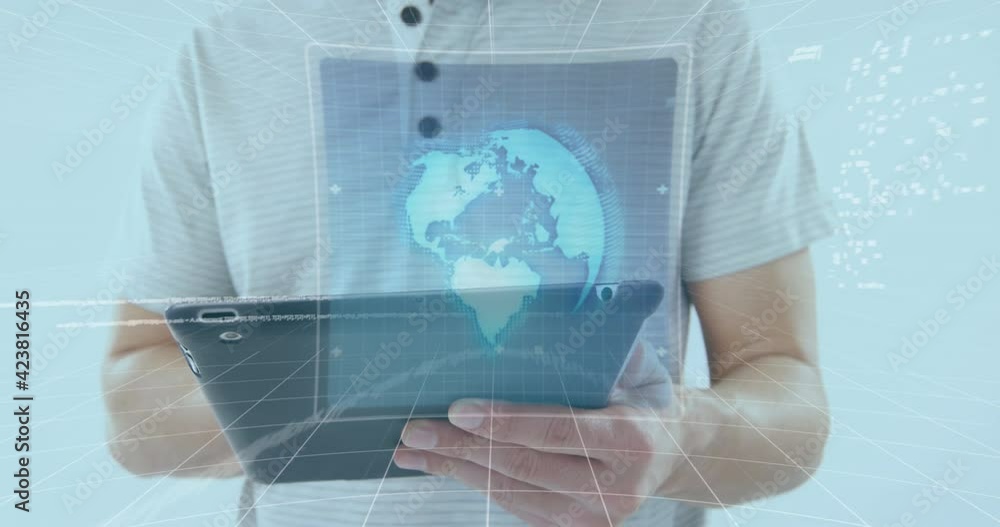 Poster animation of screens with scope scanning and data processing over man using tablet