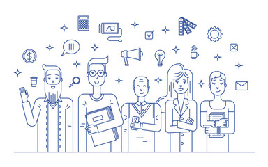 Characters People Creative Business Team Concept Contour Linear Style. Vector