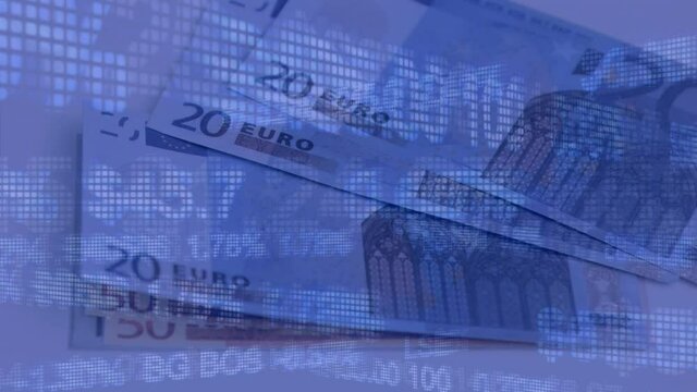 Animation of financial data processing over euro currency bills