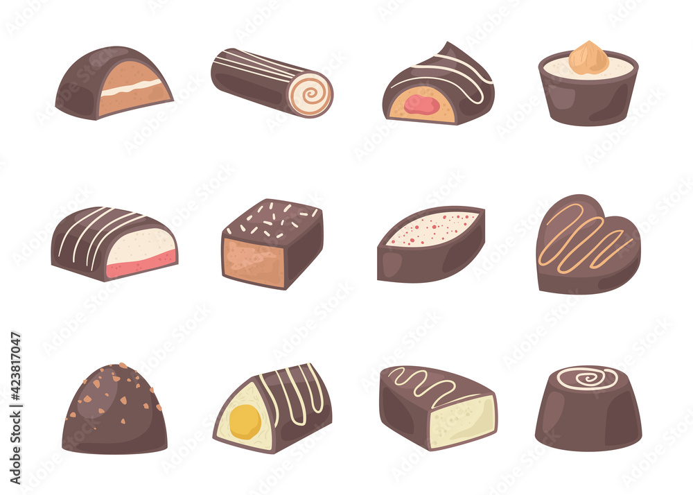 Sticker Cartoon Color Chocolate Covered Bonbon Icon Set. Vector