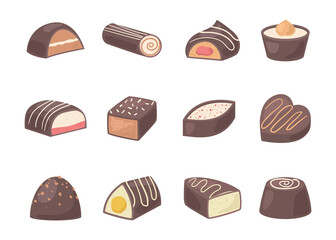 Cartoon Color Chocolate Covered Bonbon Icon Set. Vector