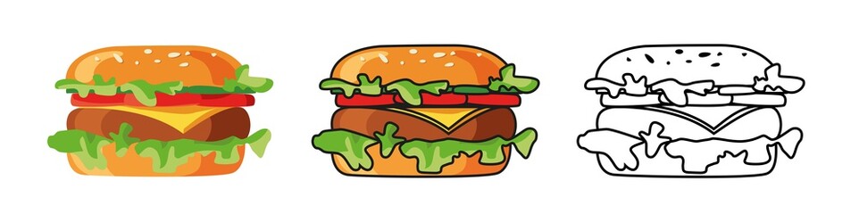 Set of Tasty Cartoon Hamburger isolated on white. Big hamburger with cheese and sesame seeds isolated on white background. Fast Food. Street american food. Vector illustration