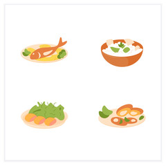 Japanese food flat icons. Spring delicates. Asari clams, spring cabbage, takenoko, tai. Tradition meal. Vector illustrations