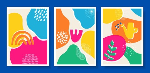 Abstract Hand drawn design background banner and poster set.Colorful contemporary trendy shapes and doodle isolated objects.Modern vector art illustrations.Textile prints fabric,covers,wallpapers.