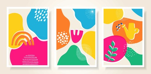 Abstract Hand drawn design background banner and poster set.Colorful contemporary trendy shapes and doodle isolated objects.Modern vector art illustrations.Textile prints fabric,covers,wallpapers.