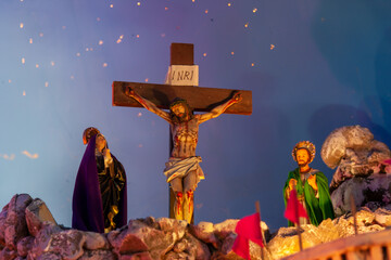 Scene assembled with dolls representing the crucifixion and death of Our Lord Jesus Christ. Heralds of the Gospel Monastery, Ponta Grossa City, Parana State, Brazil. 12-27-2013