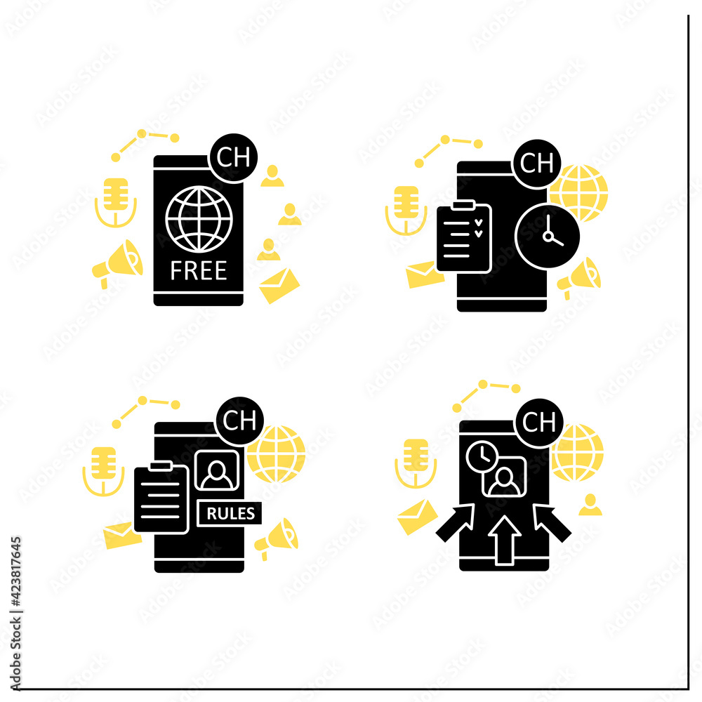 Aufkleber drop in audio app glyph icons set.communication application with friends.application rules, raped po