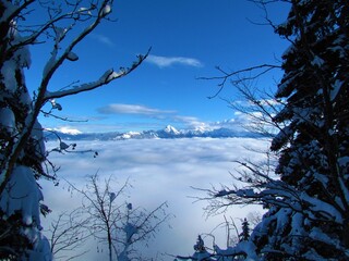 Scenic winter view of mountain Storzic and other in Kamnik-Savinja alps, Gorenjska, Slovenia with the peaks covered in snow and framed by trees and branches