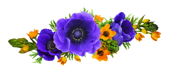 Blue anemones and orange ornithogalum flowers in a wavy floral arrangement