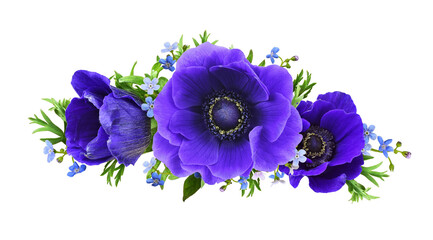 Blue anemones and forget-me-not flowers in a floral arrangement