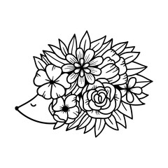 Flower Hedgehog. Coloring page for adult and kids. Vector illustration on white background. 
