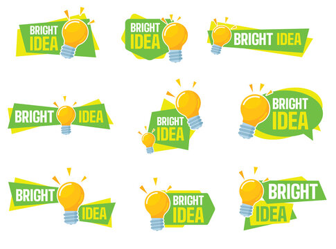 Bright Idea Lettering set. A collection of lettered bright idea balloons, bursts, icons and bubbles.